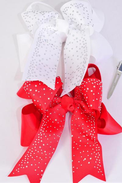 Hair Bow Jumbo Double Layered Studded Iridescent Stones Red White Mix Grosgrain Bow-tie / 12 pcs Bow = Dozen Alligator Clip , Size - 6" x 5" Wide , 6 Red , 6 White Color Asst , Clip Strip & UPC Code