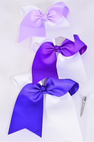 Hair Bow Extra Jumbo Long Tail Cheer Type Bow 2-tone  Purple Mix Grosgrain Bow-tie / 12 pcs Bow = Dozen  Purple Mix , Alligator Clip , Size - 6.5" x 6" Wide , 4 Purple , 4 Ultra Violet , 4 Lavender Color Asst , Clip Strip & UPC Code