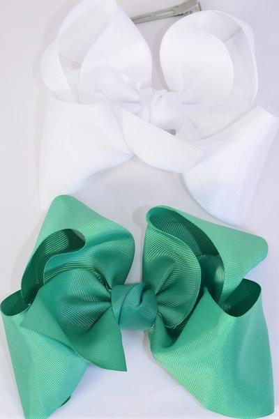 Hair Bow Jumbo Caribbean Green and White Mix Grosgrain Bow-tie / 12 pcs Bow = Dozen Caribbean Green & White Mix , Size - 6" x 5" Wide,Alligator Clip , 6 of each Color Asst , Clip Strip & UPC Code