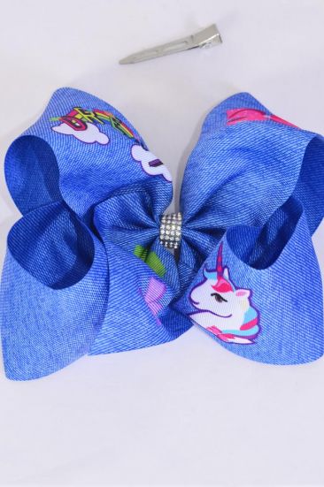 Hair Bow Jumbo Denim Print Unicorn Bowtie Unicorn Dream Grosgrain Bow-tie /  12 pcs Bow = Dozen Alligator Clip , Size - 6" x 5" Wide , Clip Strip & UPC Code