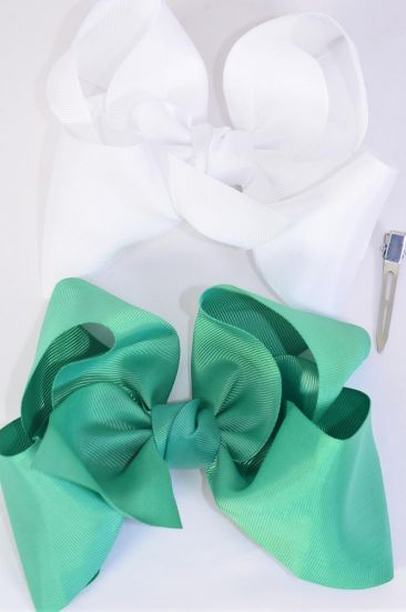 Hair Bow Extra Jumbo Cheer Type Bow Caribbean Green & White Mix Grosgrain Bow-tie / 12 pcs Bow = Dozen   Size - 8" x 7" Wide , Alligator Clip , 6 Caribbean Green , 6 White Color Asst , Clip Strip & UPC Code