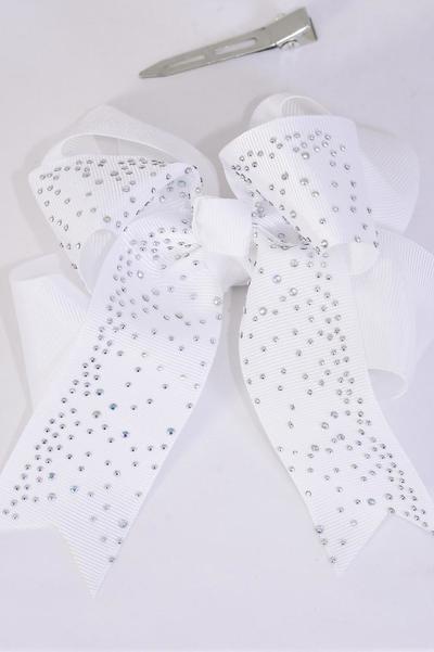 Hair Bow Jumbo Double Layered Studded Iridescent Stones White Grosgrain Bow-tie / 12 pcs Bow = Dozen White , Alligator Clip , Size - 6" x 5" Wide , Clip Strip & UPC Code