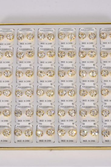 Earrings 12 mm Clear Rhinestones Earrings Gold / 36 pair per Disply Gold , Unisex , Post , 3 Dozen Display Box