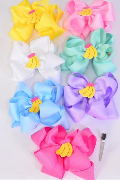 Hair Bow Jumbo Double Layered  Banana Charm Pastel Grosgrain Bow-tie / 12 pcs Bow = Dozen   Alligator Clip , Size - 6" x 5" , 2 White , 2 Pink , 2 Lavender , 2 Blue , 2 Yellow , 1 Hot Pink , 1 Mint Color Asst , Clip Strip and UPC Code