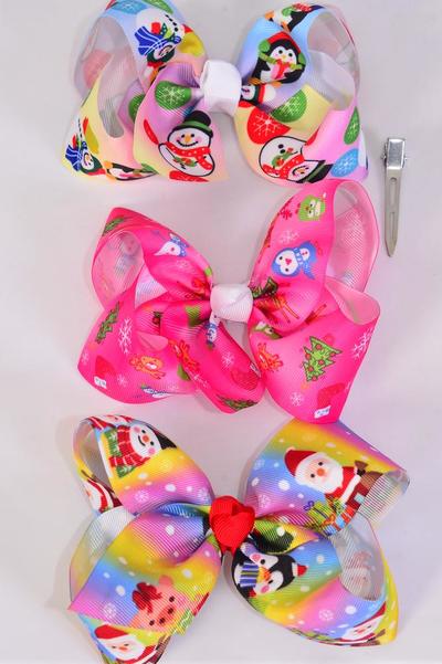 Hair Bow Jumbo Santa Snowman Penguin Mix Grosgrain Bow-tie / 12 pcs Bow = Dozen  Christmas Day , Alligator Clip , Size - 6" x 5" Wide , 4 Of Each Pattern Asst , Clip Strip & UPC Code