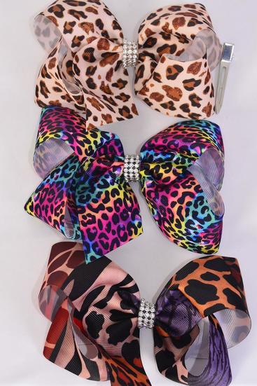 Hair Bow Jumbo Animal Pattern Mix Grosgrain Bow-tie / 12 pcs Bow = Dozen  Alligator Clip , Size- 6" x 5" Wide , 6 of each Pattern , Clip Strip & UPC Code