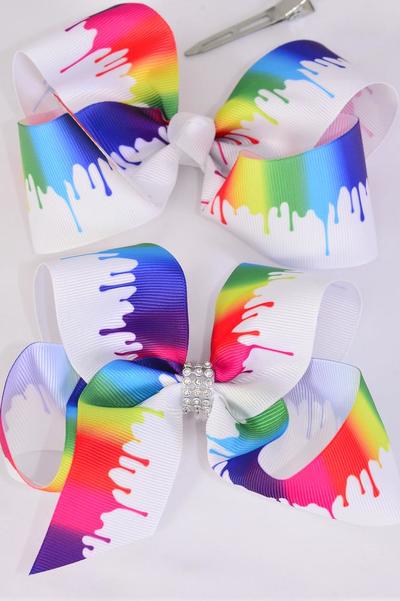 Hair Bow Jumbo Rainbow Drip Spatter Vs Paint Splatter Grosgrain Bow-tie / 12 pcs Bow = Dozen  Alligator Clip , Size - 6" x 5" Wide , 6 Of Each Pattern Asst , Clip Strip & UPC Code