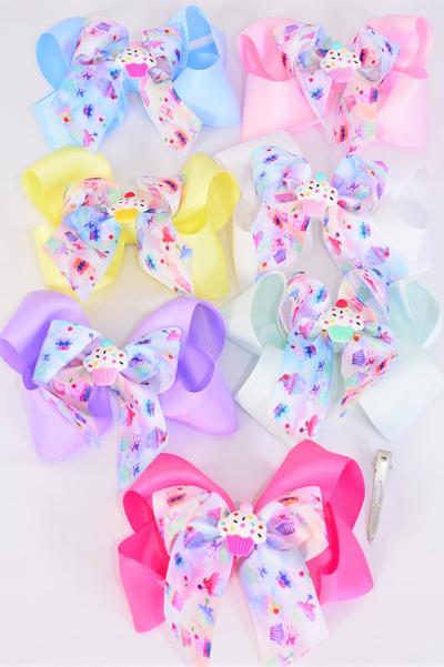 Hair Bow Jumbo Double Layered Cupcake Muffin Grosgrain Bow-tie Pastel / 12 pcs Bow = Dozen Alligator Clip , Size - 6" x 5" Wide , 2 White , 2 Baby Pink , 2 Lavender , 2 Hot Pink , 2 Mint ,1 Blue ,1 Yellow Color Asst , Clip Strip & UPC Code