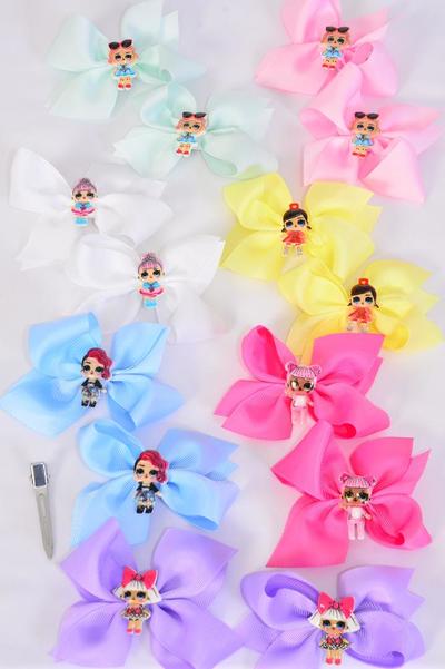 Hair Bow 24 pcs Cute LOL Doll Charm Pastel Grosgrain Bow-tie / 24 pcs Bow = Dozen  Size - 3" x 3", Alligator Clip , 2 White , 2 Baby Pink , 2 Lavender , 2 Blue , 2 Yellow , 1 Hot Pink , 1 Mint Green Color Asst , Clip Strip & UPC Code