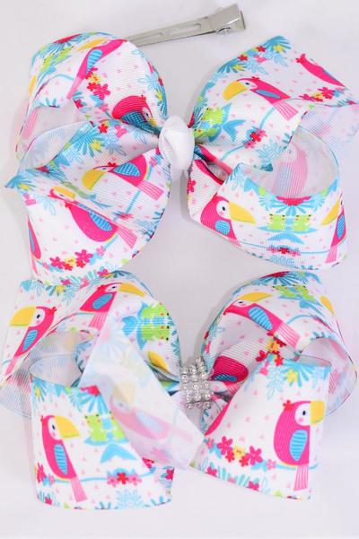 Hair Bow Jumbo Bird Cute Toucan Grosgrain Bow-tie / 12 pcs Bow = Dozen Toucan , Alligator Clip , Size - 6" x 5" Wide , 6 of each Pattern Asst , Clip Strip & UPC Code