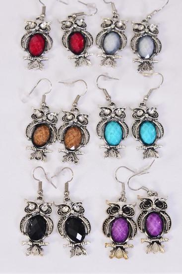 Earrings Metal Antique Owl Poly Stones Marble Look  Multi / 12 pair = Dozen match 70316 25671 Fish Hook , Owl Size - 1.25" x 0.75" Wide , 2 of each Color Asst , Earring Card & OPP Bag & UPC Code