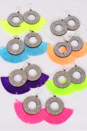 Earrings Fringe Tassels Multi / 12 Pair = Dozen Fish Hook , Size - 3" x 2.5" , 2  Fuchsia , 2 Turquoise , 2 White , 2 Purple , 2 Yelloe , 1 Orange , 1 Lime Asst , Earring Card & OPP Bag & UPC Code