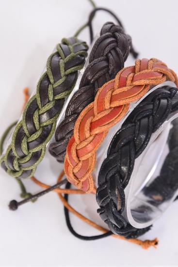 Bracelet Real Leather Hand Braided Fish Tail Adjustable / 12 pcs = Dozen  Unisex , Adjustable , 4 of each Pattern Mix , Hang tag & OPP Bag & UPC Code