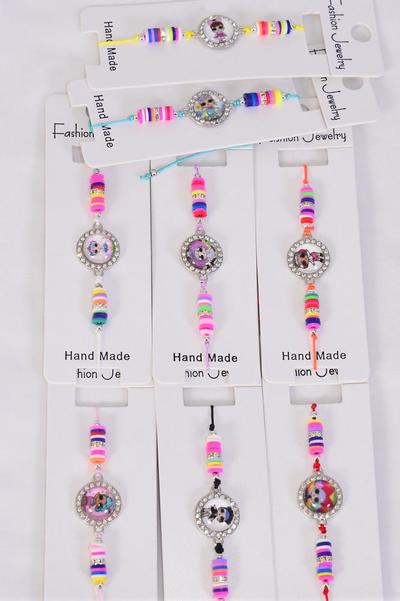 Bracelet Enamel LOL Doll Multi / 12 pcs = Dozen Pull String , Adjustable , 12 Pattern Asst , Individual Hang tag & OPP Bag & UPC Code