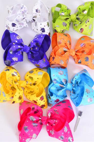 Hair Bow Unicorn Metallic Grosgrain Bow-tie Multi Holographic / 12 pcs Bow = Dozen  Alligator Clip , Size - 4" x 3" , 2 Fuchsia , 2 Turquoise , 2 White , 2 Purple , 2 Yellow , 1 Orange , 1 Lime Color Mix , Clip Strip & UPC Code