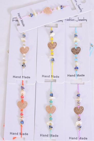 Bracelet Stainless Steel Gold Filigree Heart Asst Seashell Crystal Multi / 12 pcs = Dozen  Pull-String , Adjustable , 2 White , 2 Pink , 2 Purple , 2 Blue , 2 Yellow , 1 Mint Green , 1 Orange Mix , Individual Hang tag & OPP Bag & UPC Code