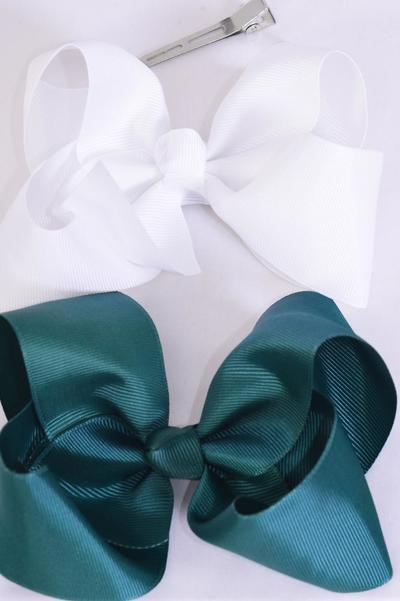 Hair Bow Jumbo Hunter Green White Mix Grosgrain Bow-tie / 12 pcs Bow = Dozen  Alligator Clip , Size - 6" x 5" Wide , 6 Hiunter green , 6 White Color Asst , Clip Strip & UPC Code