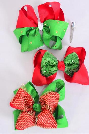 Hair Bow Jumbo XMAS Splendid Christmas Grosgrain Bow-tie / 12 pcs Bow = Dozen Alligator Clip , Bow Size-6"x 6" , 4 of each Design Asst , Clip Strip & UPC Code