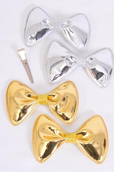 Hair Bow 24 pcs Metallic Gold Silver Asst / 24 pcs Bow = Dozen  Alligator Clip , Bow - 3.5" x 2.5" Wide , 6 of each Color Asst , Clip Strip & UPC Code