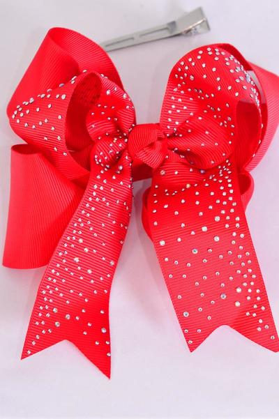 Hair Bow Jumbo Double Layered Studded Iridescent Stones Red Grosgrain Bow-tie / 12 pcs Bow = Dozen Red , Alligator Clip , Size - 6" x 5" Wide , Clip Strip & UPC Code