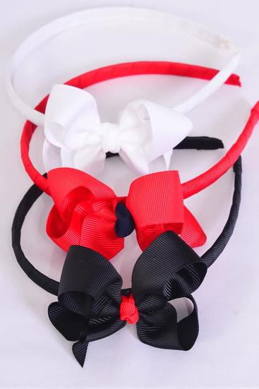 Headband Horseshoe Grosgrain Bow-tie Red White Black Mix / 12 pcs = Dozen  Bow Size - 4" x 3" Wide , 4 Red , 4 White , 4 Black Mix , Hang tag & UPC Code , Clear Box