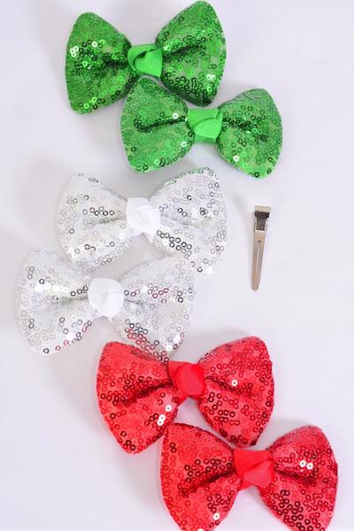 Hair Bow 24 Pcs Xmas Sequin Bowtie Grosgrain Bow Tie Dz Xmas Size 3 5 X 2 5 Alligator Clip 4 Of Each Color Asst Clip Strip Upc Code Www Wholesaleimport Com