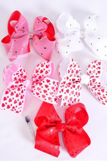 Hair Bow Jumbo Metallic Heart Grosgrain Bow-tie Red White Mix / 12 pcs Bow = Dozen Alligator Clip , Size - 6"x 5" Wide , 3 Of Each Style Asst , Clip Strip & UPC Code