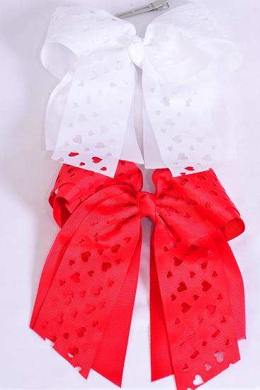 Hair Bow Extra Jumbo Long Tail Cheer Type Bow Double Layered Heart Grosgrain Bow-tie Red White Mix / 12 pcs Bow = Dozen  Alligator Clip , Size - 6.5" x 6" Wide , 6 Red , 6 White Asst , Clip Strip & UPC Code