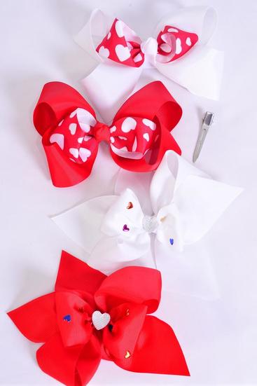 Hair Bow Jumbo Heart Pattern Mix Grosgrain Bow-tie / 12 pcs Bow = Dozen Alligator Clip , Size-6"x 5" Wide , 3 Of Each Pattern Asst , Clip Strip & UPC Code