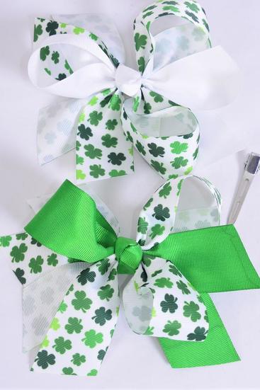 Hair Bow Jumbo 2 Tone Shamrock Grosgrain Bow-tie / 12 pcs Bow = Dozen  Alligator Clip , Size - 6" x 5" Wide , 6 of each Pattern Asst , Clip Strip and UPC Code