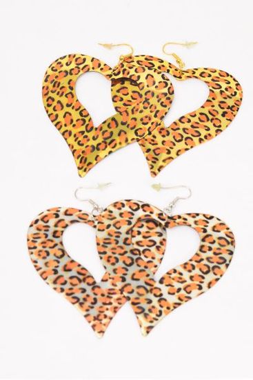 Earrings Metal Heart Leopard Prints gold Silver Mix / 12 pair = Dozen Fish Hook , Size-2.5"x 2.5" Wide , 6 Gold , 6 Silver Asst , Earring Card & OPP bag & UPC Code