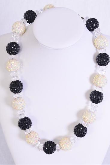 Necklace 20 mm Poly Balls Glass Crystals Black / 12 pcs = Dozen  Black White Mix , 18" Long Extension Chain , Hang tag & OPP bag & UPC code