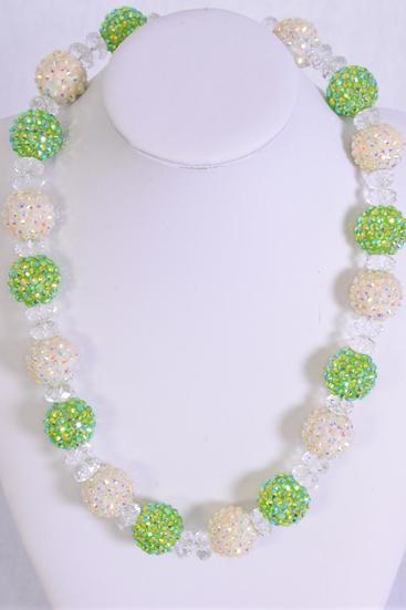 Necklace 20 mm Tiffany Poly Balls Glass Crystals / 12 pcs = Dozen Lime White Mix , 18" Long Extension Chain , Hang Tag & OPP bag & UPC code 