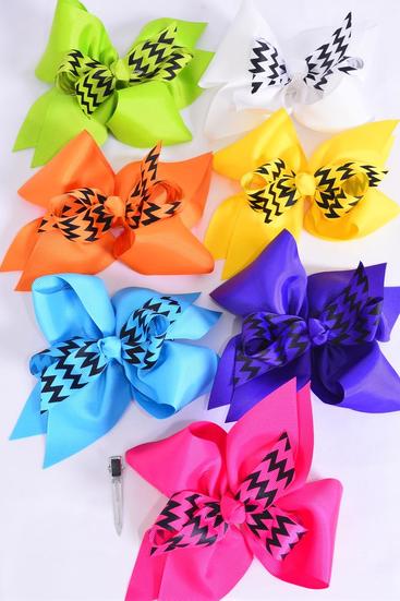 Hair Bow Extra Jumbo Cheer Type Bow  Center Chevron Bowtie Grosgrain Bow-tie Multi / 12 pcs Bow = Dozen  Alligator Clip , Bow - 6.5" x 6" Wide , 2 White , 2 Red , 2 Blue , 2 Fuchsia ,1 Purple , 1 Lime , 1 Orange ,1 Yellow Color Mix , Clip Strip & UPC Code