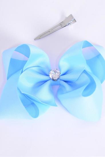 Hair Bow Jumbo 12 mm CZ Cubic Zirconium Grosgrain Bow-tie Sky Blue / 12 pcs Bow = Dozen Alligator Clip , Size-6"x 5" Wide , Clip Strip & UPC Code