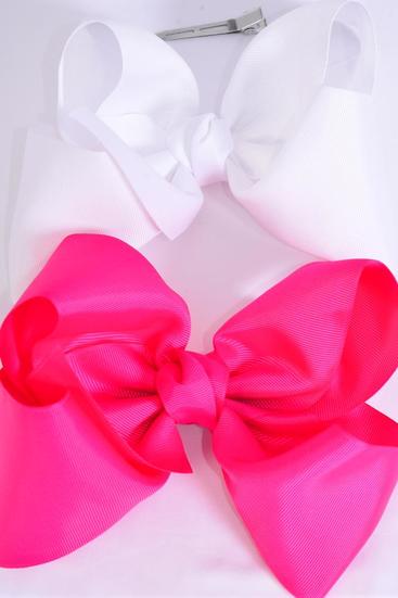 Hair Bow Extra Jumbo Cheer Type Bow Fuchsia & White Mix Grosgrain Bow-tie / 12 pcs Bow = Dozen  Alligator Clip , Size-8"x 7" Wide , 6 Fuchsia , 6 White Color Asst , Clip Strip & UPC Code