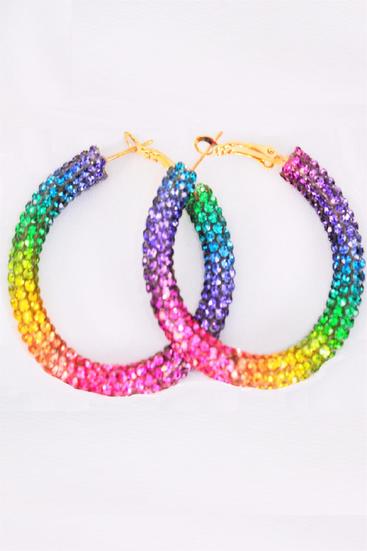 Earrings Hoop Iridescent Gradient Rainbow Color Stone Mix / 12 pair = Dozen Post , Size - 1.75" Wide , Earring Card & OPP Bag & UPC Code