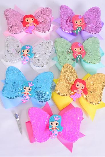 Hair Bow Jumbo Double Layered Flip Sequin Mermaid Charm Pastel Grosgrain Bow-tie / 12 pcs Bow = Dozen Alligator Clip , Size - 6" x 5", 2 White , 2 Baby Pink , 2 Lavender , 2 Hot Pink , 2 Mint Green ,1 Blue ,1 Yellow Color Asst , Clip Strip & UPC Code