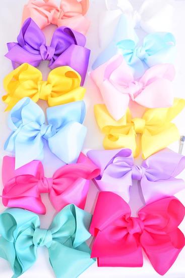 Hair Bow Extra Jumbo Cheer Type Bow Rainbow Color Mix Grosgrain Bow-tie / 12 pcs Bow = Dozen Alligator Clip , Size - 8" x 7" Wide , 12 Color Asst , Clip Strip & UPC Code