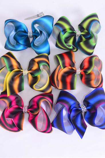 Hair Bow Jumbo Fall Gradient Stripe Pattern Mix Grosgrain Bow-tie Multi / 12 pcs Bow = Dozen Alligator Clip , Size - 6" x 5" Wide , 2 of each Pattern Asst , Clip Strip & UPC Code