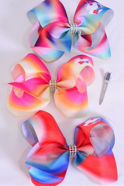 Hair Bow Jumbo Gradient Tiedye  Unicorn Grosgrain Bow-tie / 12 pcs Bow = Dozen  Unicorn , Alligator Clip , Size - 6" x 5" Wide , 4 of each Pattern Asst , Clip Strip & UPC Code