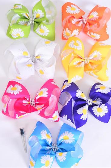 Hair Bow Jumbo Flower Daisy Citrus Grosgrain Bow-tie /  12 pcs Bow = Dozen Alligator Clip , Size - 6" x 5" Wide , 2 Fuchsia , 2 Blue , 2 Yellow , 2 Purple , 2 White , 1 Lime , 1 Orange Color Asst ,Clip Strip and UPC Code