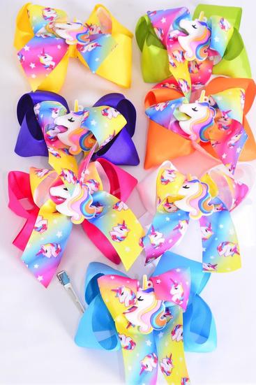 Hair Bow Jumbo Double Layered Rainbow Unicorn Charm Citrus / 12 pcs Bow = Dozen Alligator Clip , Size - 6" x 5" Wide , 2 White , 2 Fuchsia , 2 Purple , 2 Yellow , 2 Blue , 1 Lime , 1 Orange Color Asst , Clip Strip & UPC Code