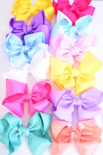 Hair Bow Jumbo Rainbow Color Asst Grosgrain Bow-tie / 12 pcs Bow = Dozen  Rainbow ,  Size - 6" x 5", Alligator Clip , 12 Color Asst , Clip Strip & UPC Code