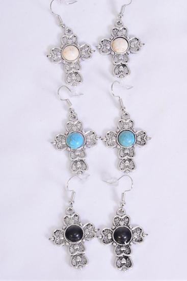 Earrings Metal Antique Cross Semiprecious Stone / 12 pair = Dozen  match 75024 Fish Hook , Size - 1.25" x 1" Wide , 4 Black , 4 Ivory , 4 Turquoise Asst , Earring Card & OPP Bag & UPC Code 