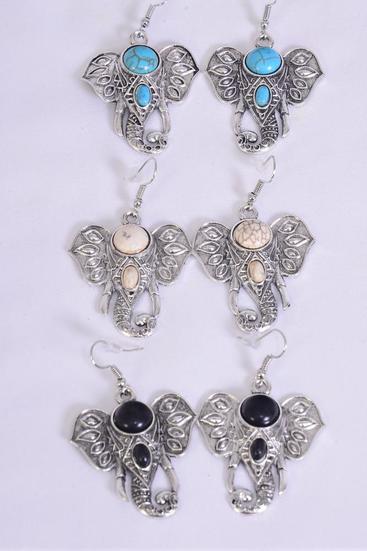 Earrings Metal Antique Elephant Semiprecious Stone / 12 pair = Dozen  match 70010 25651 Fish Hook , Size - 1.25" x 1.25" Wide , 4 Black , 4 Ivory  , 4 Turquoise Asst , Earring Card & OPP Bag & UPC Code 