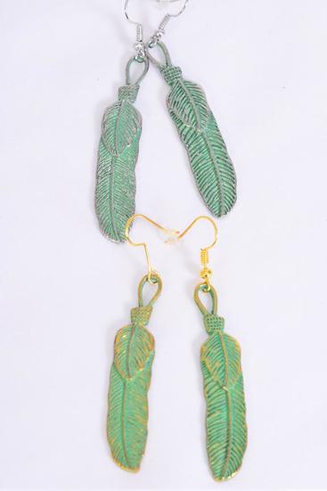 Earrings Metal Patina Feather Symbol Western Like / 12 pair = Dozen Fish Hook , Size - 2" x 0.5" Wide , 6 Gold , 6 Silver Asst , Earring Card & OPP Bag & UPC Code