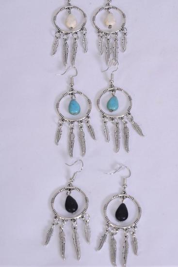 Earrings Metal Antique Dream Catcher Semiprecious Stone / 12 pair = Dozen match 70066 Fish Hook , Size - 2" x 1" Wide , 4 Black , 4 Ivory , 4 Turquoise Asst , Earring Card & OPP Bag & UPC Code