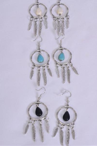 Earrings Metal Antique Dream Catcher Semiprecious Stone / 12 pair = Dozen match 70066 Fish Hook , Size - 2" x 1" Wide , 4 Black , 4 Ivory , 4 Turquoise Asst , Earring Card & OPP Bag & UPC Code