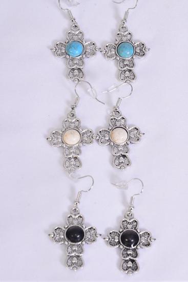 Earrings Metal Antique Cross Semiprecious Stone / 12 pair = Dozen  match 75024 Fish Hook , Size-1.25"x 1" Wide , 4 Black , 4 Ivory , 4 Turquoise Asst , Earring Card & OPP Bag & UPC Code -